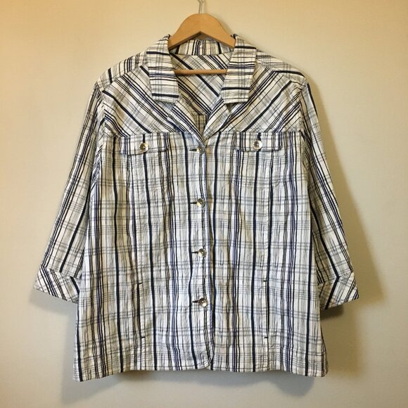 Plaid Seersucker White, Blue, Black and Metallic Silver Button Down Shirt - Picture 1 of 11